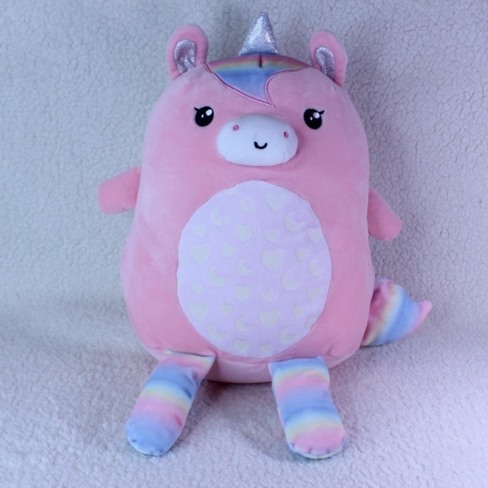 Pink Unicorn Pillow Plush Stuffed‎ Animal Rainbow Silver Horns Hearts